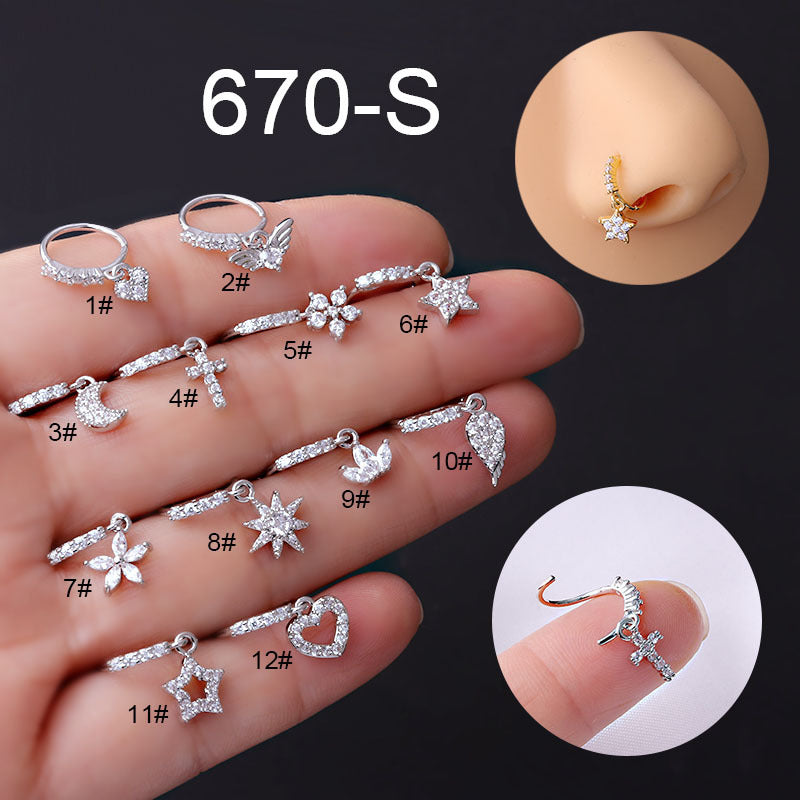 Star Moon Love Heart Flowers Cross Zircon Pendant Nose Ring Silver