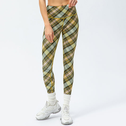 Women's Houndstooth Yoga Trousers Nude Feel High Waist Peach Hip Tight Running Exercise Pants Plaid Elements