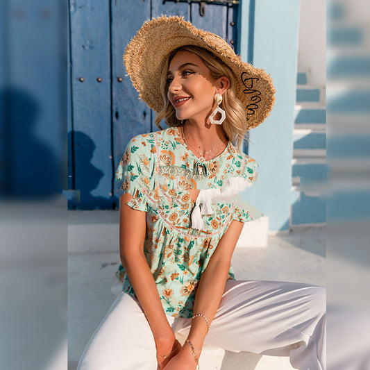 Ladies Tassel Lace Printed Short Sleeve Casual Top New Holiday Women's T-Shirt