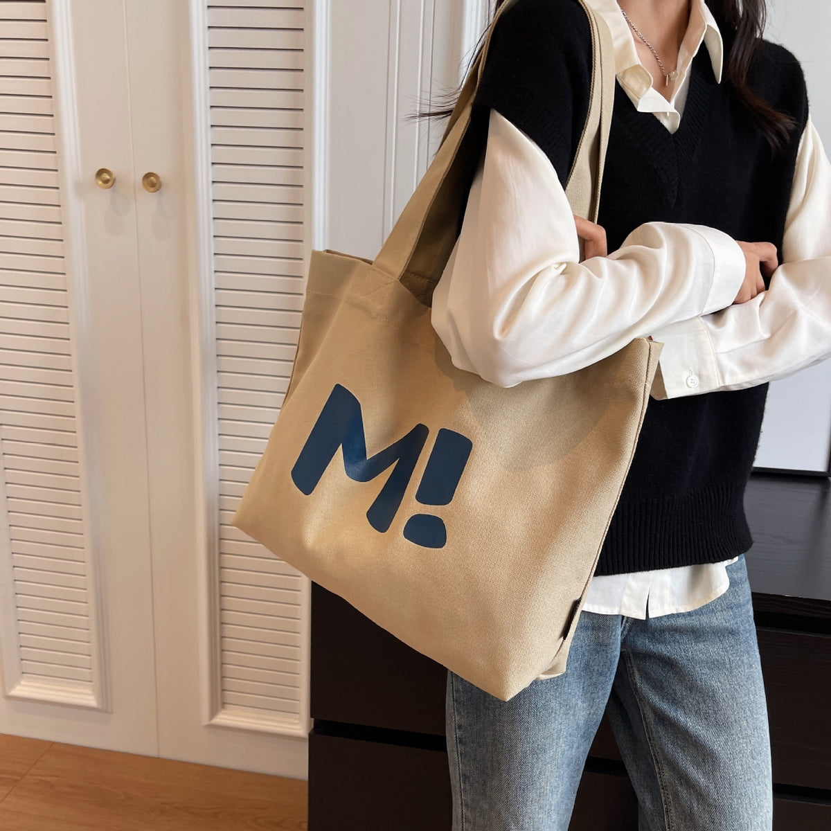 Letter Printed Shouder Bags Canvas Totes Bags For Women Shopper Girls Handbags Eco Environmental Large Capacity Shopping Bags Khaki