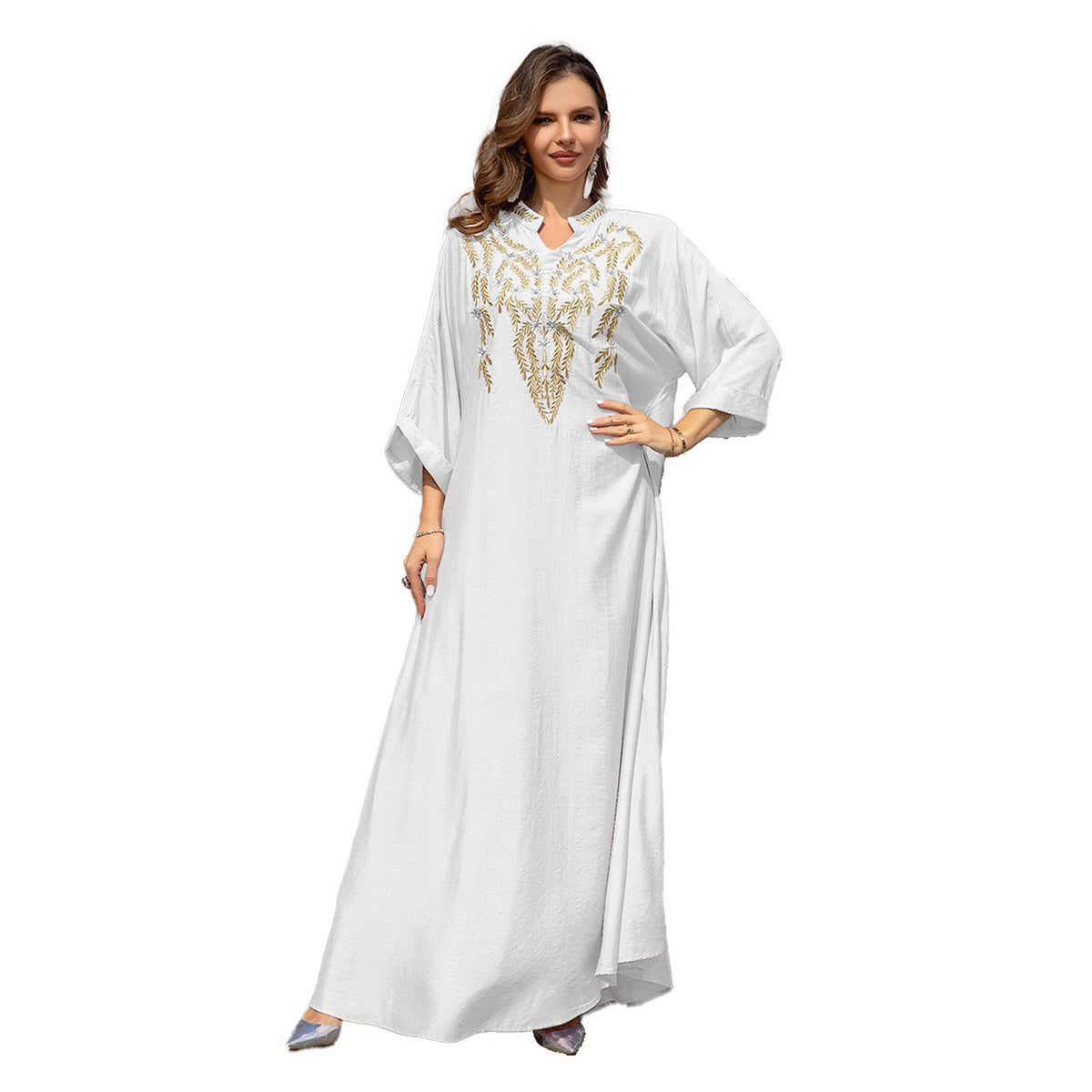 Muslim Women Embroidered Robe Dress White