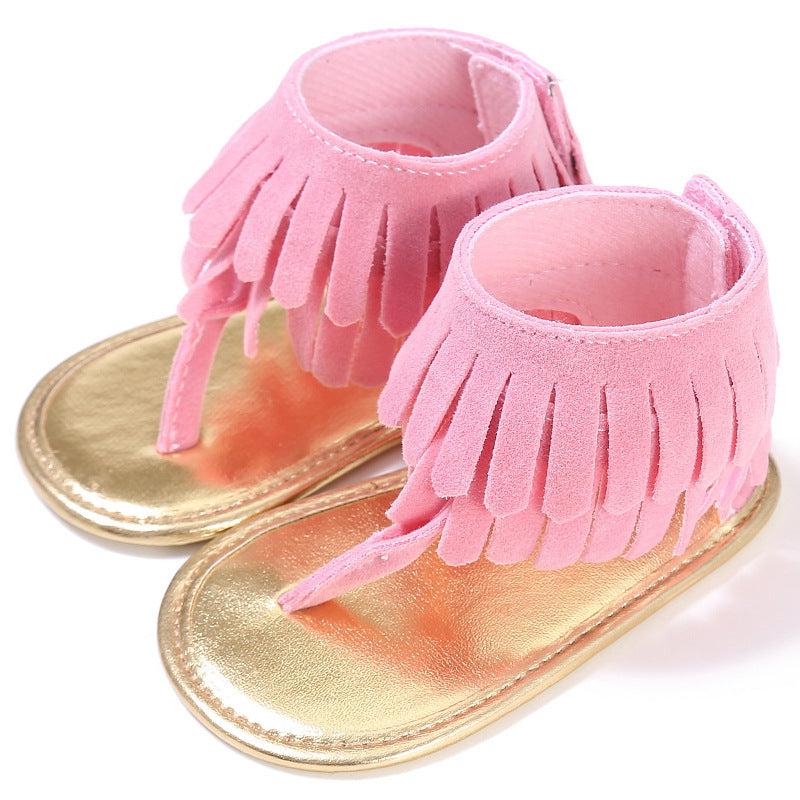 Children's sandals summer new girls sandals wholesale retro tassel flannel baby sandals Rose Red 13cm