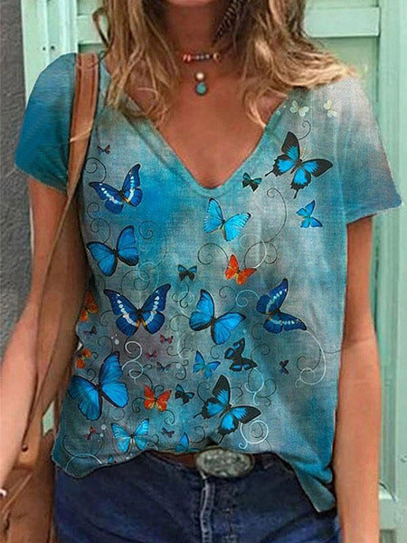 Ladies Fashion Print Short Sleeve T-Shirt Shirt Blue
