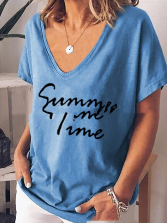 Ladies Fashion Short Sleeve V-Neck Letter Print Top T Shirt Blue