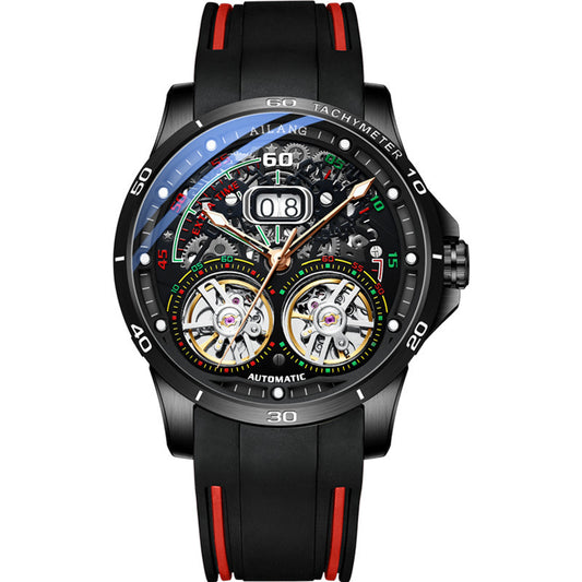 Double Flywheel Hollow Watch Automatic Mechanical Watch Calendar Men'S Watch Black black