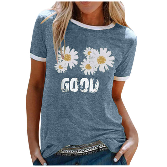 Ladies Short Sleeve Round Neck GOOD Daisy Print Top T-Shirt Blue