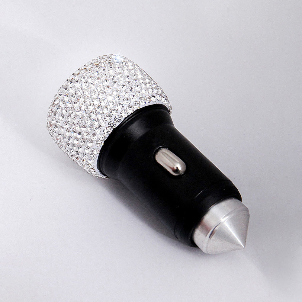 Diamond-Studded Car Mobile Phone Safety Hammer Charger Silver