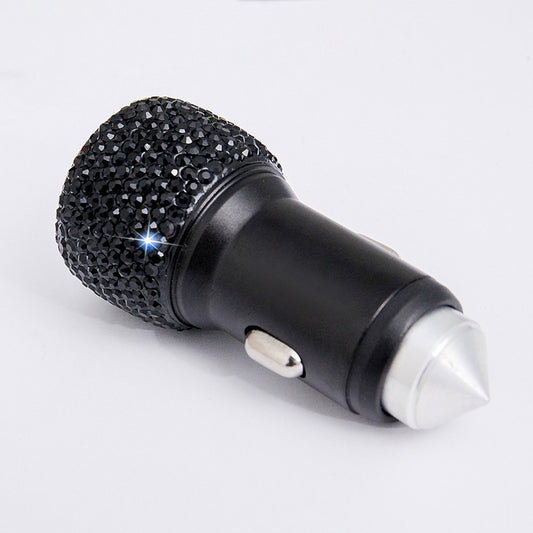 Diamond-Studded Car Mobile Phone Safety Hammer Charger Black