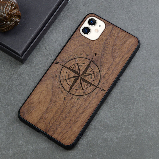 New Product Max Wooden Mobile Phone Case Retro Apple 12mini Anti-fall Protective Cover Creative Application Compass