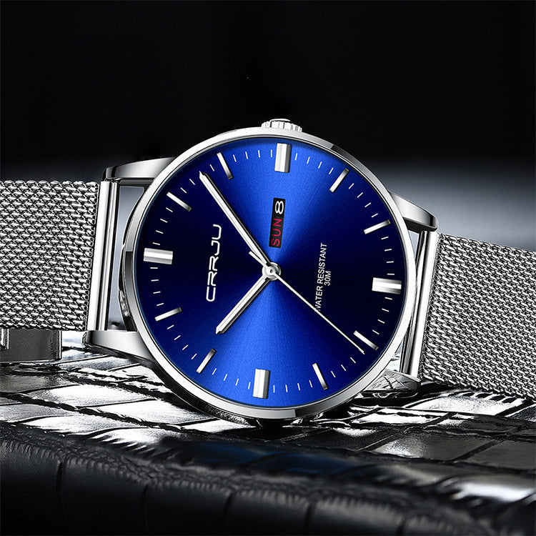 Men's watch business casual quartz watch Silver Blue Noodle