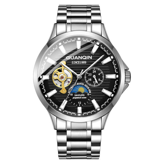 Guanqin Men's Watch Mechanical Watch Black Steel belt