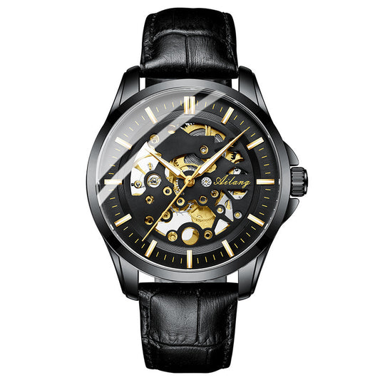 Automatic Mechanical Watch Hollow Watch Waterproof Black face black belt