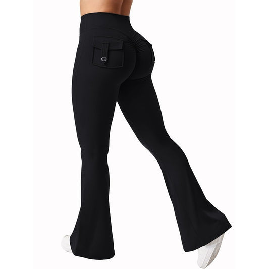 Yoga Peach Hip Pocket Flared Pants For Quick Drying And Abdominal Compression, Small Sexy Pants Black