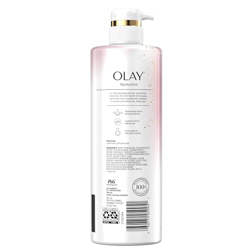 Olay Body Wash for Women, Intensely Hydrating, Hyaluronic Acid Serum Complex, Renews Moisture, Free of Parabens & Phthalates, Vitamin B3 Lameller Technology, For All Skin Types, 20 fl oz (Pack of 4)