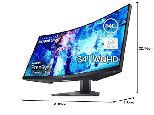 Dell S3422DWG Curved Gaming Monitor - 34 Inch 1800R Curved Screen with 144Hz Refresh Rate, WQHD (3440 x 1440) Display, HDMI, DP to DP 1.4 Cable, AMD FreeSync - Black