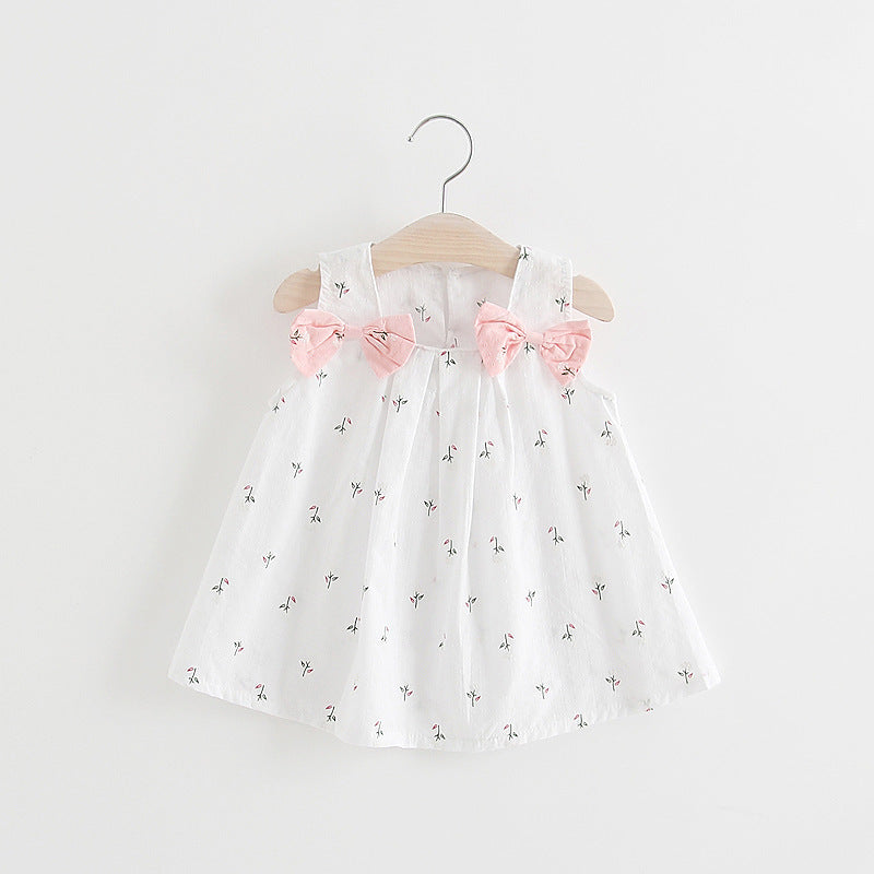 Solid color bow bow floral print halter skirt White