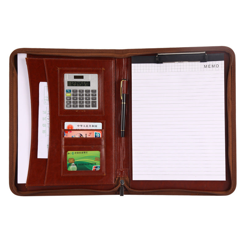 A4 Multifunctional Portable Zipper Bag Folder Brown