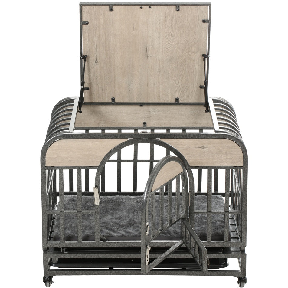 46in Heavy Duty Dog Crate, Furniture Style Dog Crate With Removable Trays And Wheels For High Anxiety Dogs