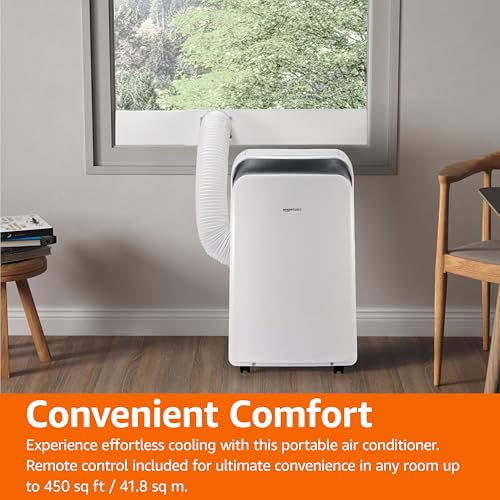 Amazon Basics 3-In-1 Portable Air Conditioner, 10,000 BTU (ASHRAE), Cools Up to 450 Sqf, Portable AC with Cool/Dry (Dehumidifier)/Fan-Only Functions, Auto Mode, Sleep Mode, Timer, White