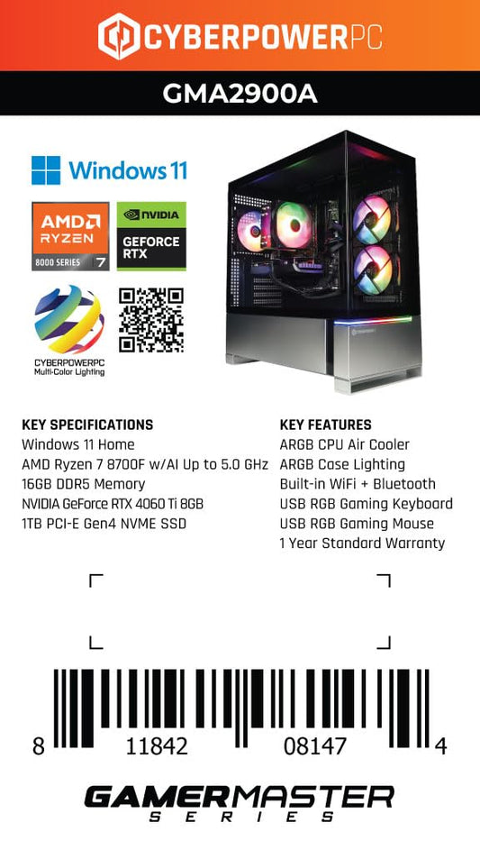 CyberPowerPC Gamer Master Gaming PC, AMD Ryzen 7 8700F 4.1GHz, GeForce RTX 4060 Ti 8GB, 16GB DDR5, 1TB PCIe Gen4 SSD, WiFi Ready & Windows 11 Home (GMA2900A)