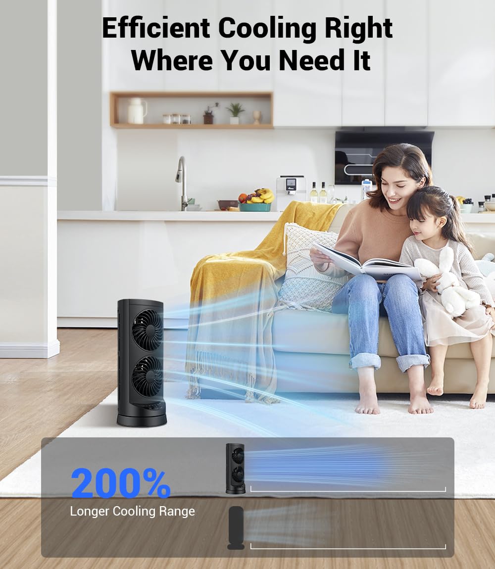 Personal Tower Cooling Fans that Blow Cold Air, Standing Small Desk Fan with 3 Speeds & Timer, 60° & 110° Oscillating Table Fan, Quiet and Safe Electric Floor Fan for Bedroom, Bedside, Home, Office