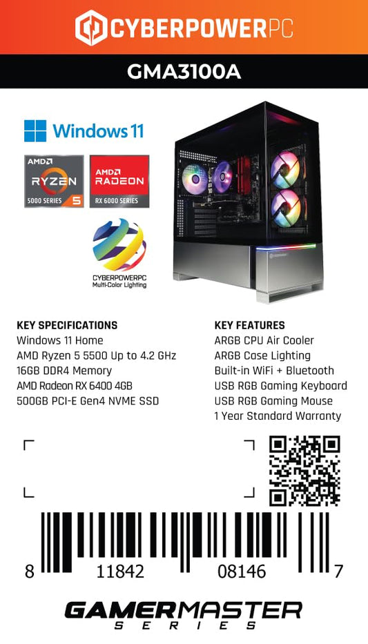 CyberPowerPC Gamer Master Gaming PC, AMD Ryzen 5 5500 3.6GHz, Radeon RX 6400 4GB, 16GB DDR4, 500GB PCIe Gen4 SSD, WiFi Ready & Windows 11 Home (GMA3100A)