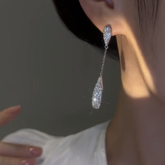 Sterling Silver Needle Super Flash Zircon Rhinestone Water Drop Tassel Earrings For Women