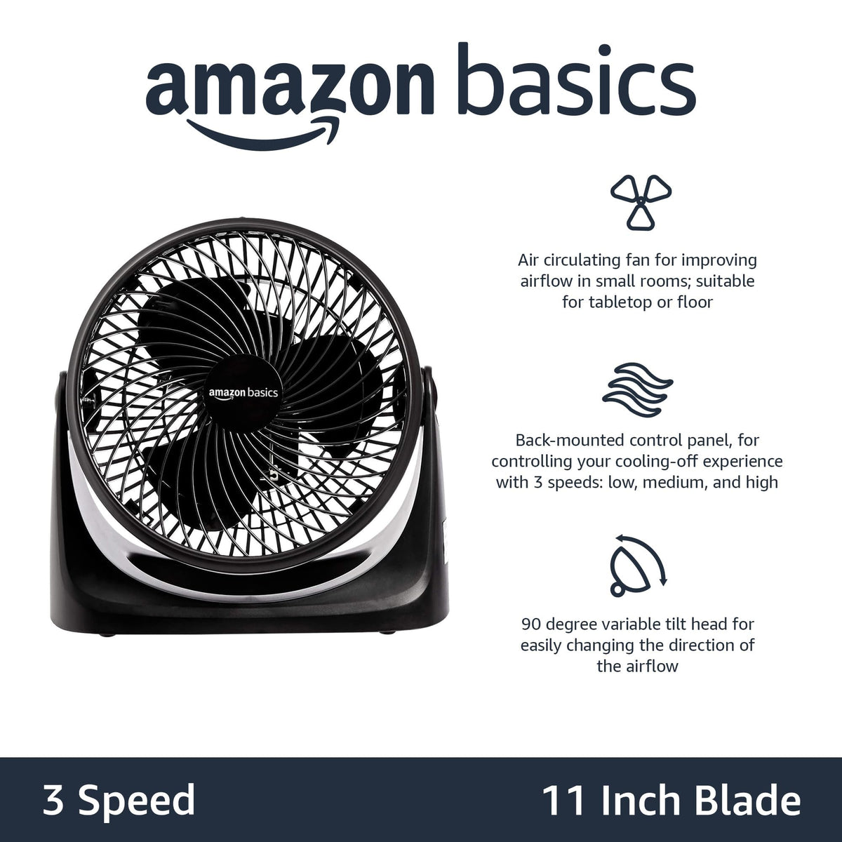 Amazon Basics Air Circulator Fan, Desk Fan for Bedroom, Home and Office, With 90-Degree Tilt Head, 3 Speed Settings, Lightweight (4.2 LBS), 70 Watts, Black, 14.8"Wx7.6"Dx14.1"H