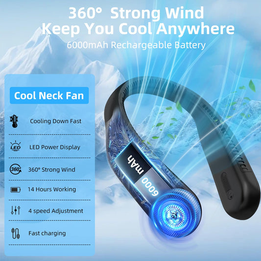 Kinhowly Portable Neck Fan,Personal Hands Free Bladeless Fan,360° Cooling Fan,LED Display,4-Speeds,6000mAh Rechargeable Quick,Long Use Time,Wearable Fan,Birthday Gifts for Men Women Dad Mom (Black)