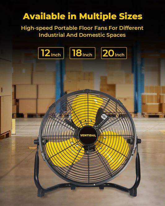 VENTISOL 12 Inch 1800 CFM High Velocity Heavy Duty Floor Fan with 3 Powerful Speeds,Portable Metal Fan,180°Tilting Quiet Shop Fan for Commercial, Residential, Gym, Home Use- ETL Listed, Black