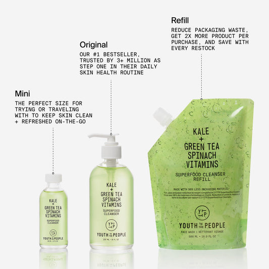 Youth To The People Superfood Facial Cleanser - Kale + Green Tea Daily Face Wash, Gentle Makeup Remover, Antioxidants for Glowing Skin & Less Visible Pores, Award-winning, Refillable - 8 Fl Oz