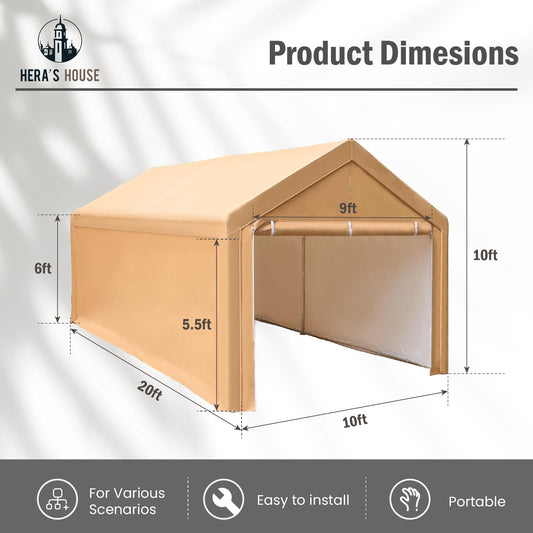 HERA'S HOUSE 10x20 Ft Heavy Duty Canopy Carport, Outdoor Portable Garage Party Tent with Removable Sidewalls & Doors, Waterproof & UV Protected,All Weather use for Car,Motorcycle