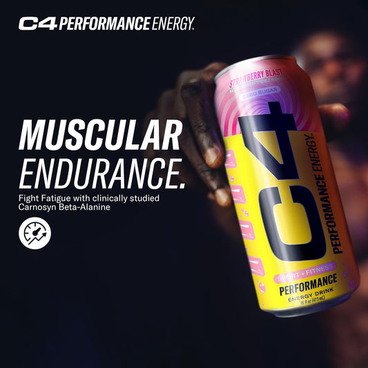 Cellucor C4 Performance Energy Drink | Strawberry Blast | Zero Sugar Carbonated Preworkout Energy | 200mg Caffeine with Beta Alanine | 16 Fl Oz (12 Pack)