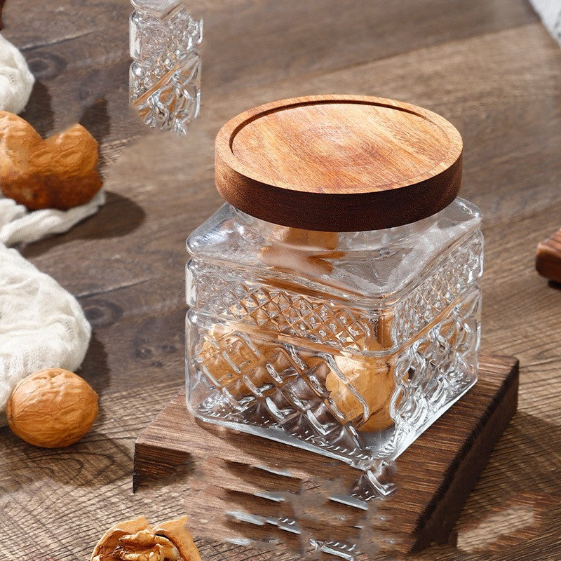 Glass Storage Jar Snack Tea Household Sealed Bottles Square 600ml wood lid