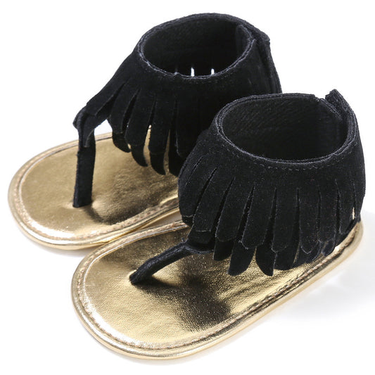 Children's sandals summer new girls sandals wholesale retro tassel flannel baby sandals Black