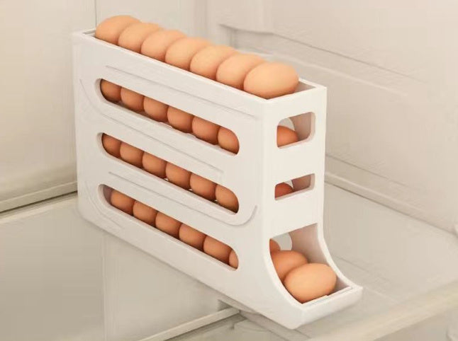 Refrigerator 4-Layer Automatic Egg Roller Sliding Egg Tray Refrigerator Side Door Large Capacity Holder Egg Storage Box Kitchen Gadgets White Without packing 1PC