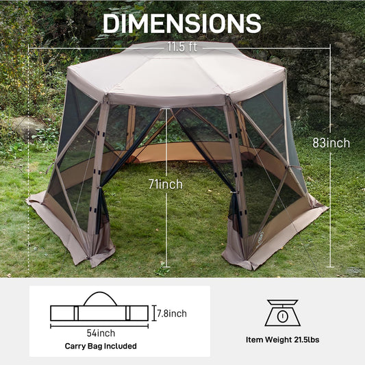 EVER ADVANCED Pop up Screen House Tent for Camping 11.5 x 9.8 ft, Instant Screened Gazebo Canopy with Netting, Portable Shelter Enclosure for Outdoor, Backyard, Khaki