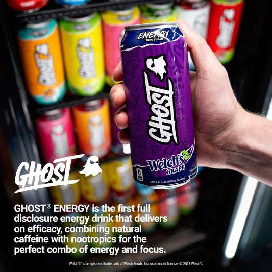 GHOST Energy Drink - 12-Pack, Welch's Grape, 16oz Cans - Energy & Focus & No Artificial Colors - 200mg of Natural Caffeine, L-Carnitine & Taurine - Gluten-Free & Vegan