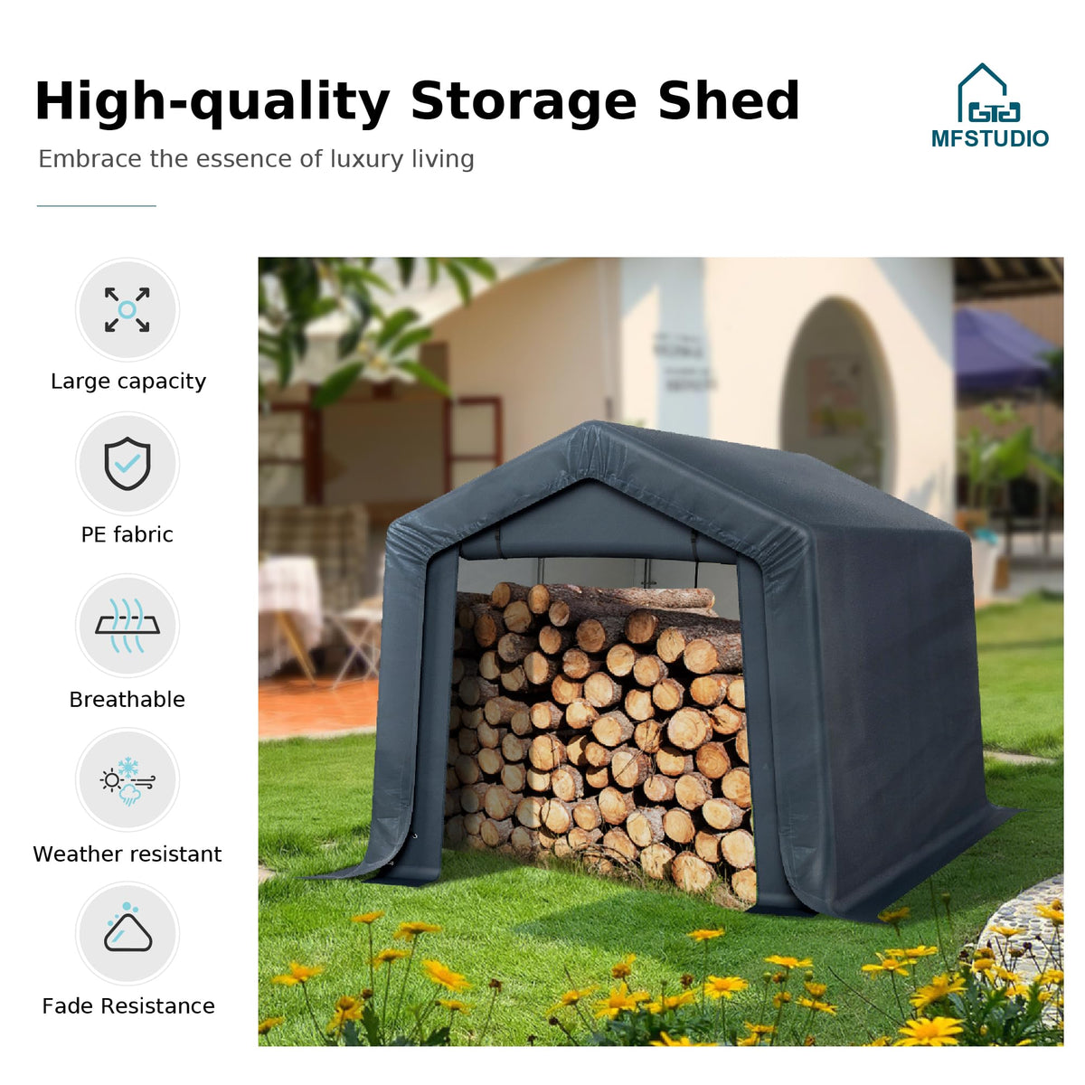 MFSTUDIO Outdoor Storage Sheds 8x12 ft, Portable Carport Shelter Garages Heavy Duty Canopy with Rolled up Zipper Doors,Outside Utility Shed Garage Tent for Motorcycle, Bicycles,Lawn mowers and Tools