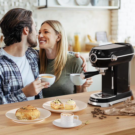 KITCHMIX Espresso Machine with Milk Frother, 20 Bar Espresso Maker for Latte and Cappuccino, Expressions Coffee Machine with Removable Water Tank (Black)