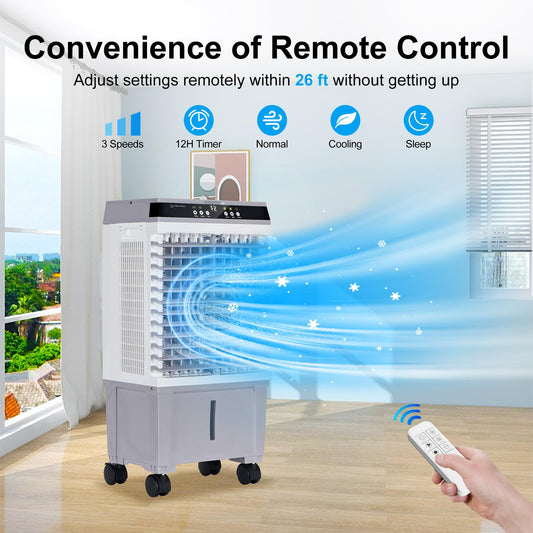 Uthfy Swamp Cooler Air Conditioner, Evaporative Air Cooler with 5.3 Gallon Water Tank, 4 Ice Box, Remote, 12H Timer, 120°Oscillation, Portable Cooling Fan with 3 Speeds for Bedroom Home Office