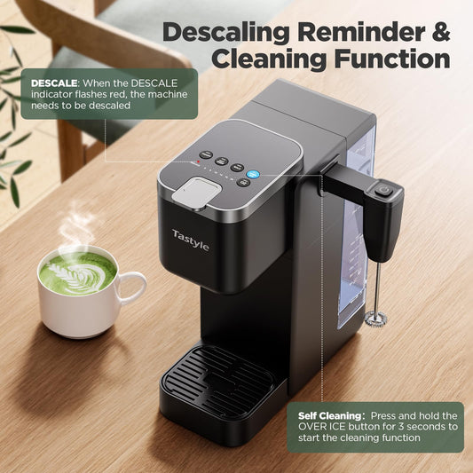 Tastyle Single Serve Coffee Maker with Detachable Milk Frother, Iced and Hot Coffee Machine for K Cup & Grounds, 40oz Removable Water Reservoir, 6 Brew Sizes, Fits 7.3" Travel Mug, Black