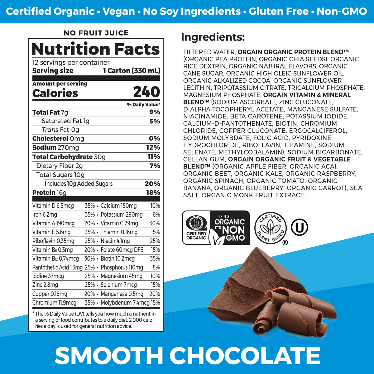 Orgain Organic Nutritional Vegan Protein Shake, Smooth Chocolate - 16g Plant Based Protein, Meal Replacement, 22 Vitamins & Minerals, Fruits & Vegetables, Gluten Free, Non-GMO, 11 Fl Oz (Pack of 12)
