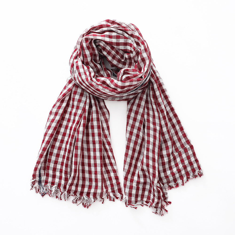 Plaid Scarf Men And Women Cotton Thin Wine Red