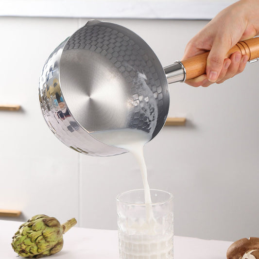 304 Stainless Steel Snow Pan Uncoated Milk Pan Food Frying Pan Thickened Instant Noodle Pan Japanese Style Wooden Handle Milk Soup Pan