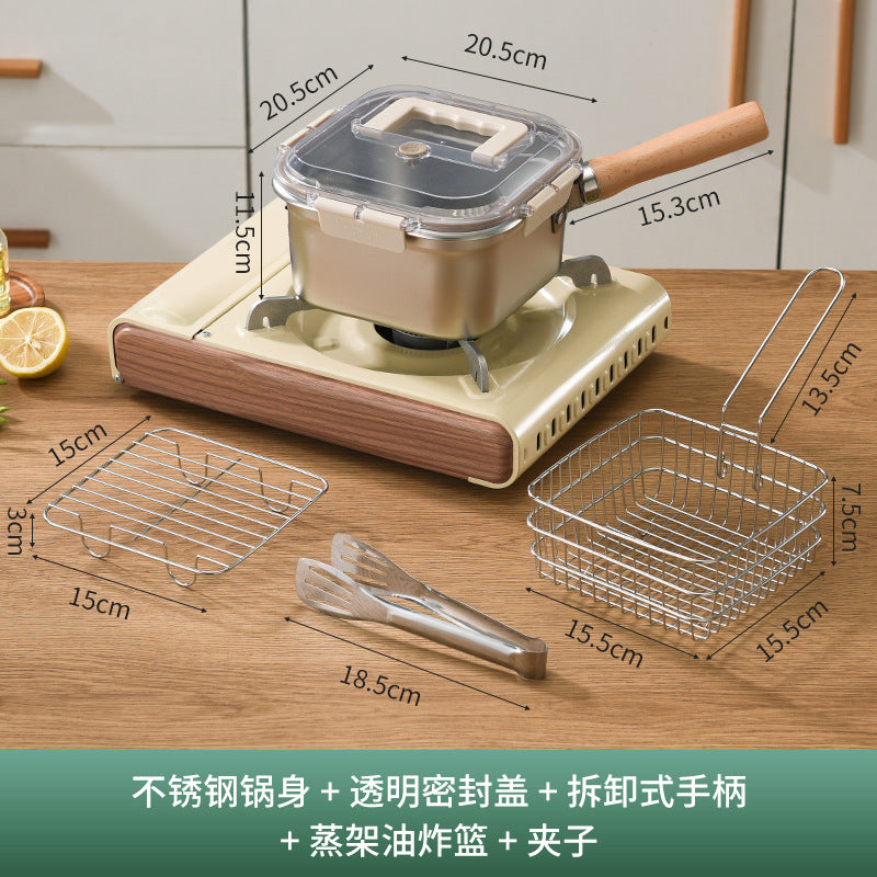 Cross-border Stainless Steel Fryer Household Small Fryer Outdoor Multi-functional Portable Fryer For Gas 【★ square fryer + frying basket + clip + oil drain rack ★】
