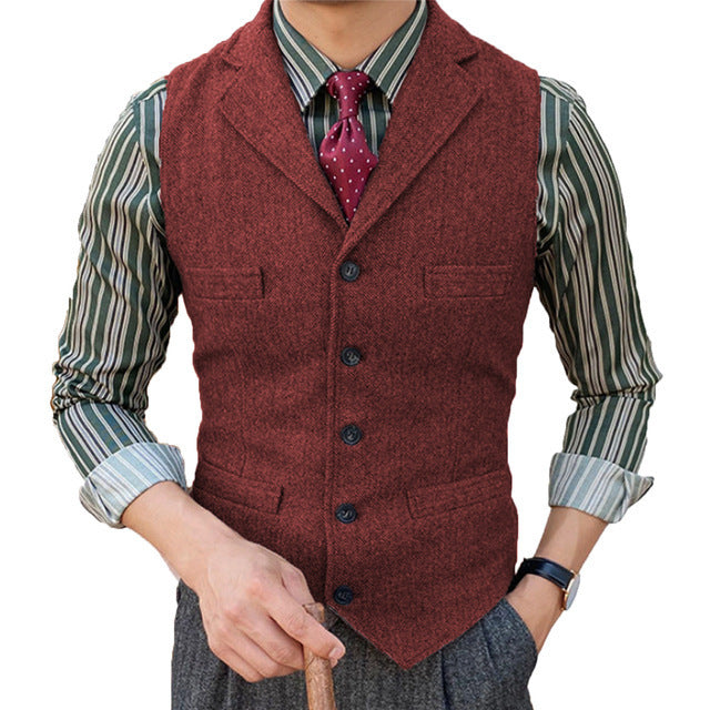 Man's Suit Vest Slim Herringbone Pattern Wine Red
