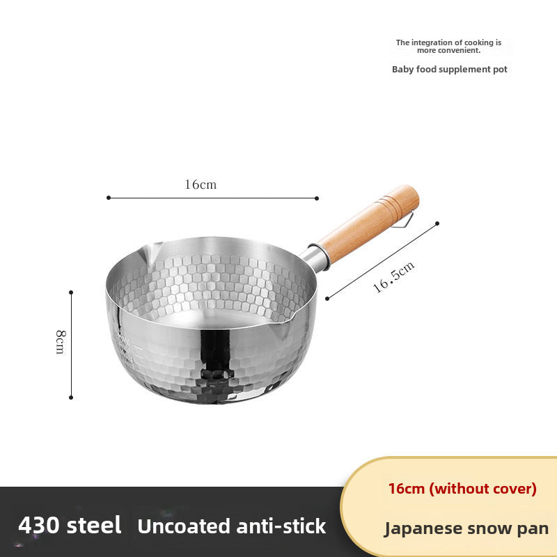 304 Stainless Steel Snow Pan Uncoated Milk Pan Food Frying Pan Thickened Instant Noodle Pan Japanese Style Wooden Handle Milk Soup Pan 16cm wooden handle without cover 410 curly edge style