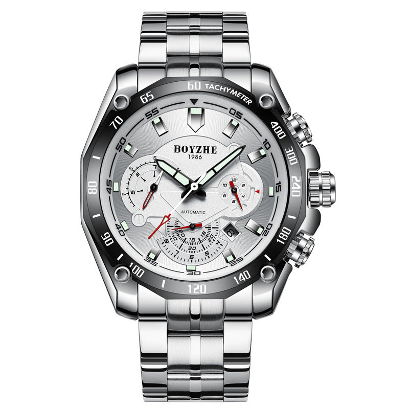 Men's Watch Automatic Mechanical Watch Multifunctional Silver Case White Noodles