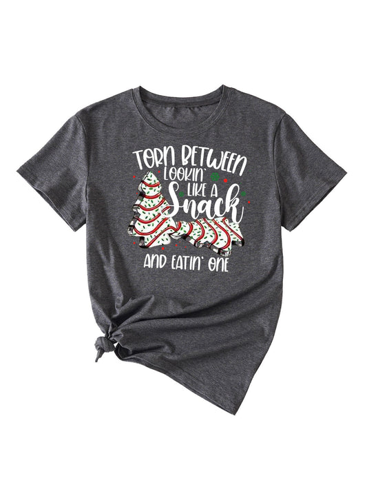 Simple Pattern Printing Ladies Round Neck Short Sleeve Tops Black linen gray white color